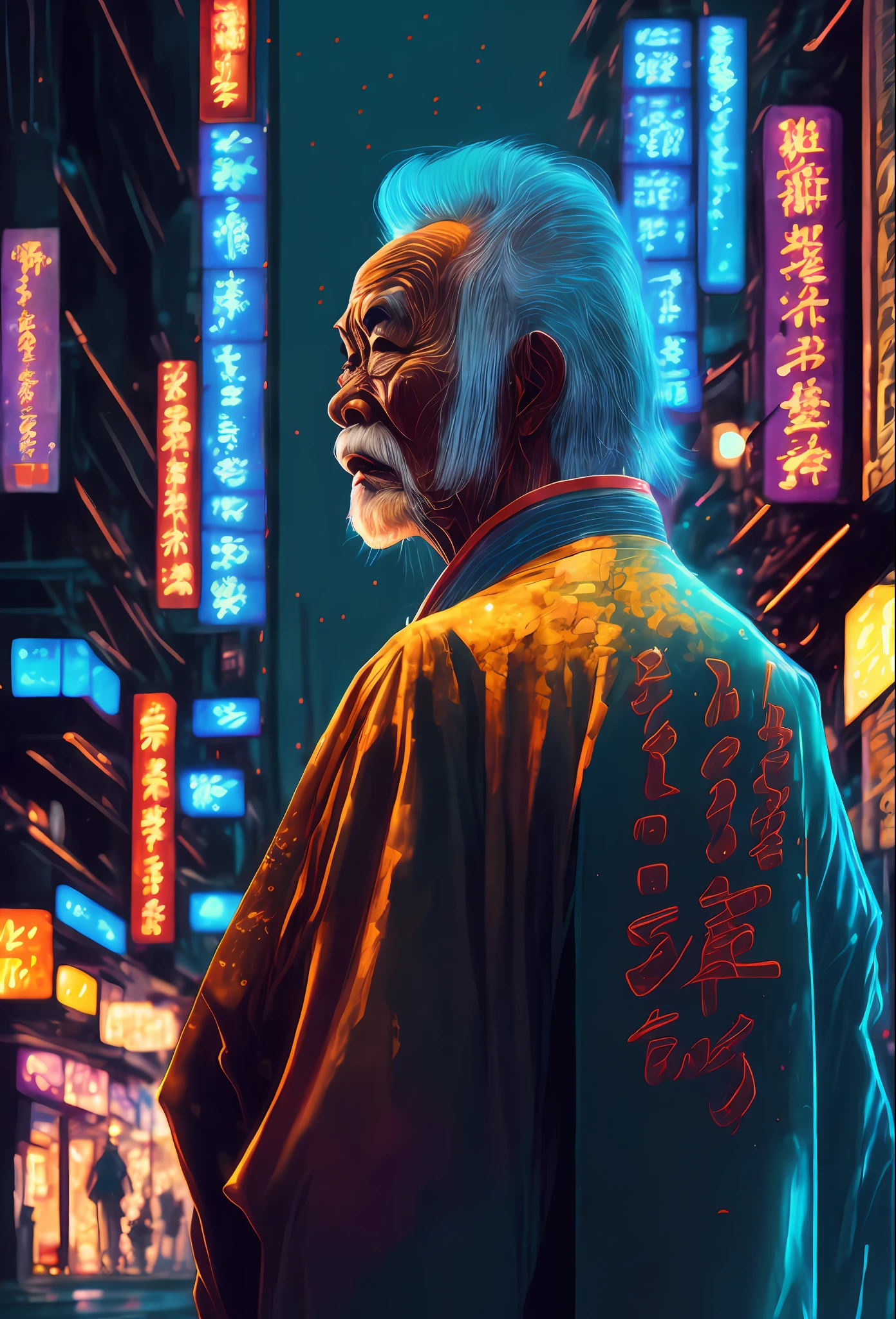 一位穿著和服的亞洲老人在城市街道上扮演賽博龐克角色. 夜晚, 霓虹燈標示牌, 日文寫作, 未來派, 概念藝術, 繪畫, 照亮, 特寫, 詳細的, 發光的.