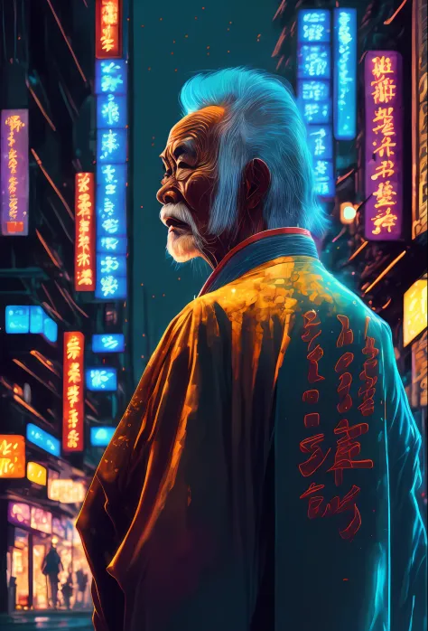 An old Asian man in a kimono as a cyberpunk character in a city street. Night, neon signage, Japanese writing, futuristic, conce...