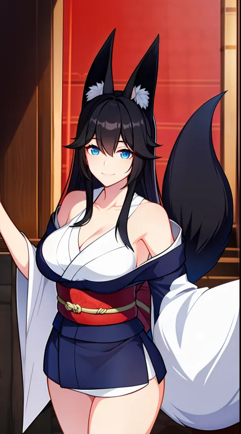 adult woman, long black hair, white fox ears, blue eyes, fox tails, lush breasts, kimono, open shoulders, open breasts, smile, m...