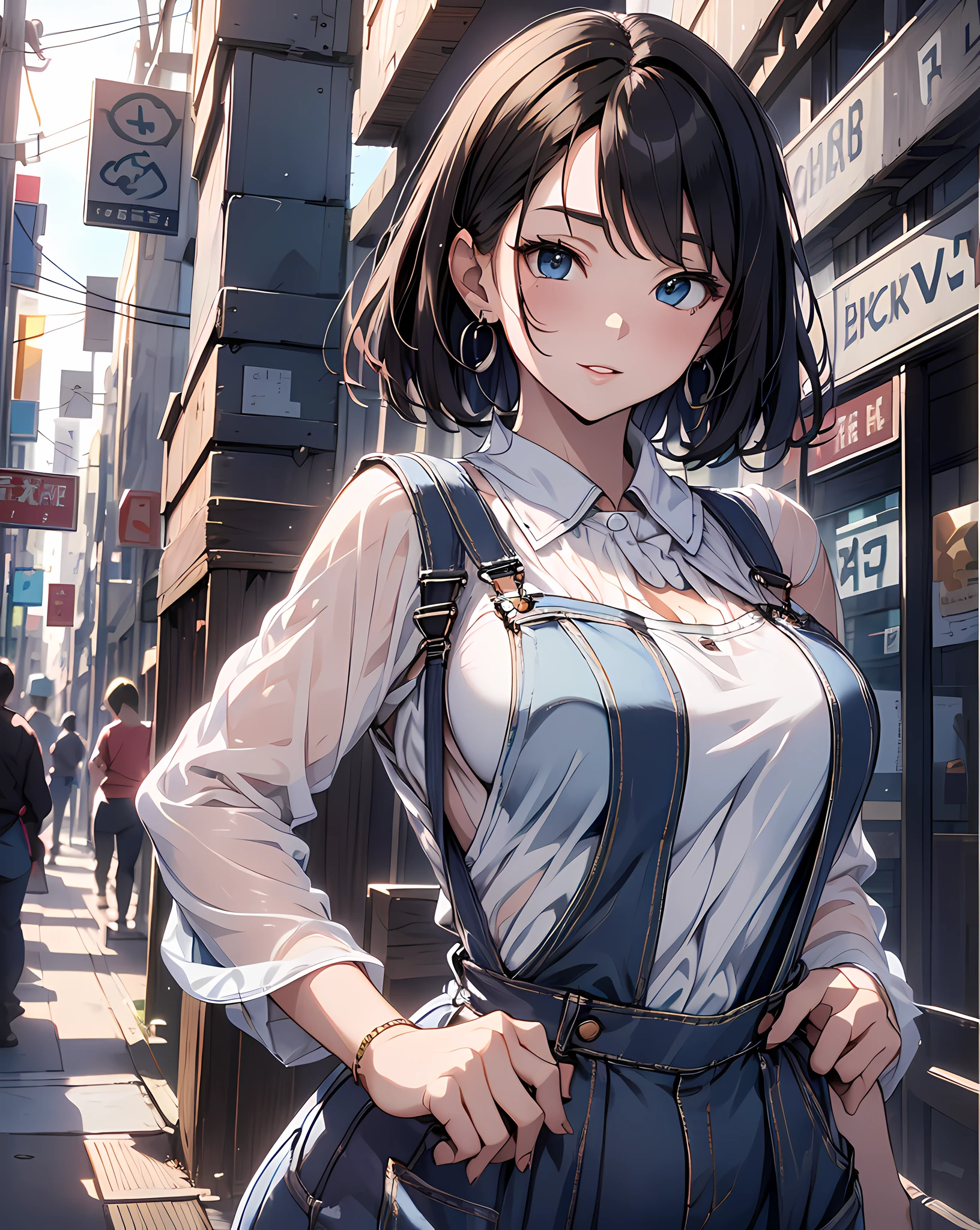 (masterpiece, best quality:1.37), highres, ultra-detailed, ultra-sharp, BREAK, Japanese school girl model, 1girl, (beautiful anime face, cute face, detailed face), (black hair, short hair, bangs), blue eyes, jewelry, earrings, piercing, BREAK, ((detailed costume:1.5), (detailed overalls:1.3 and white camisole:1.3)), lovely look, detailed clothes), light smile, closed mouth, parted lips, pink lipstick, BREAK, standing, arms behind on hip, leaning forward, cowboy shot, detailed human hands, HDTV:1.2, ((detailed car competition view background:1.3)), 8 life size, slender, anime style, anime style school girl, perfect anatomy, perfect proportion, inspiration from Kyoto animation and A-1 picture, late evening, excellent lighting, bright colors, clean lines, photorealistic