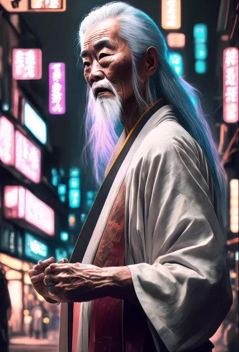 ，Fantasyart，photographrealistic，动态照明，An Asian wearing a kimono，Old man with long white hair plays a cyberpunk character on a cit...
