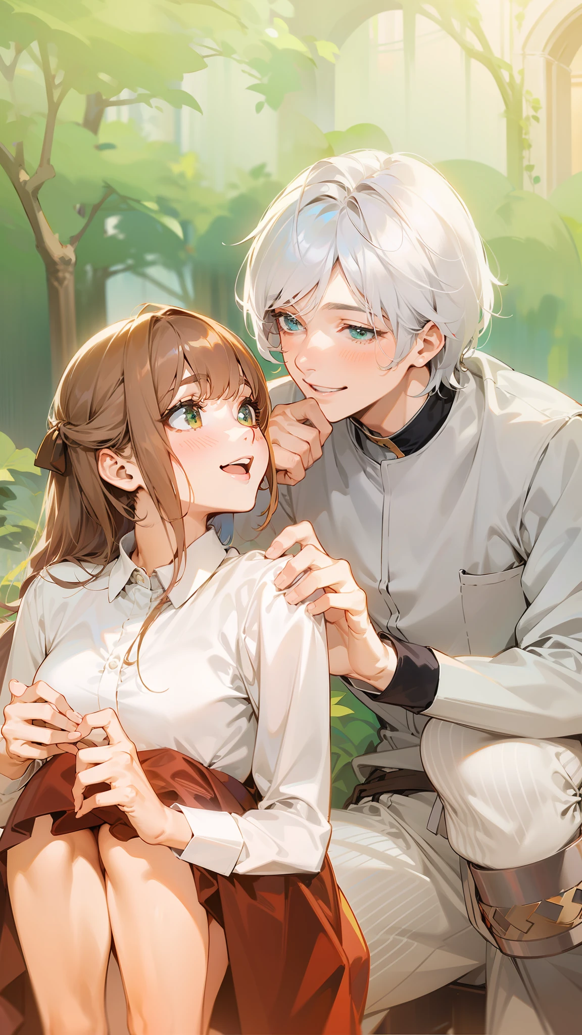 Anime couple sitting on a bench in the woods kissing - SeaArt AI