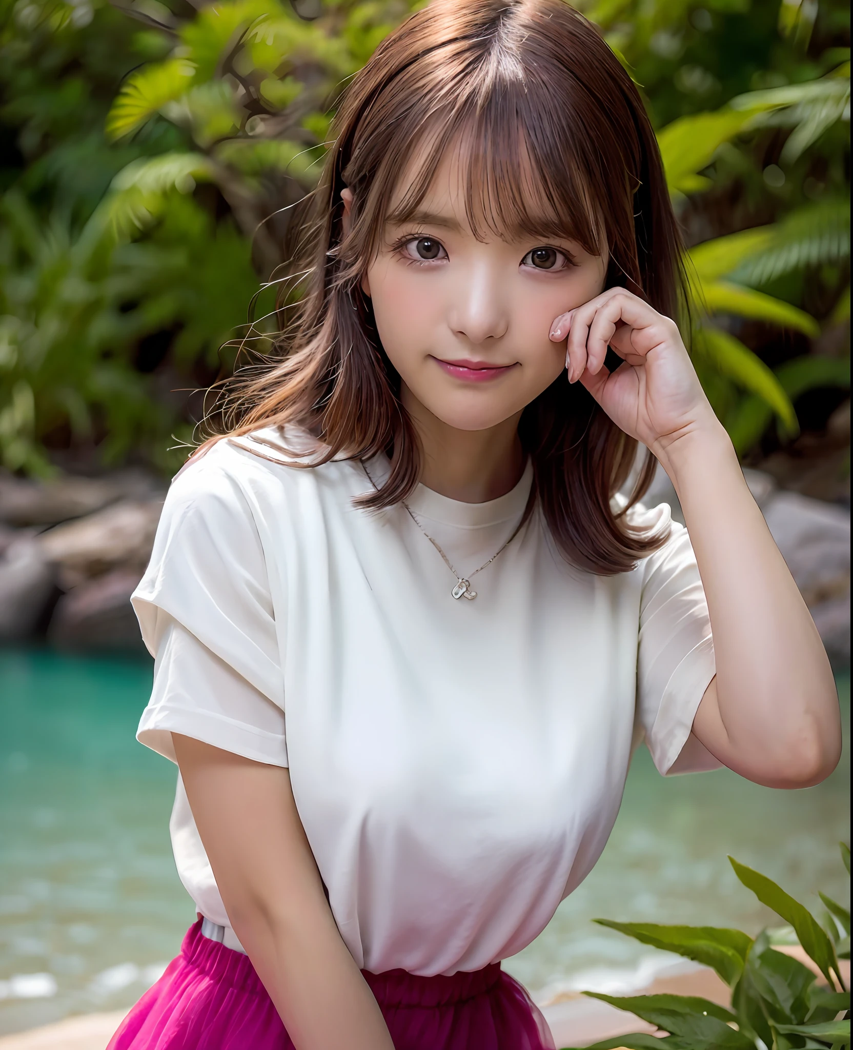 top-quality、Photorealsitic、8K、hight resolution、女の子 1 人、femele、(Dents in the skin)、(profetional lighting)、(portlate:0.6)、Short sleeved shirt、(Wavy brown hair)、a gorgeous、((A dark-haired) )、(Short straight hair:1.4)、(Flowing hair:1.6)、(1 The eyes of the girl who sees the observer:1.6)、((looking at the observer:1.6))、(Looking at the camera)、Photorealsitic、(bokeh dof)、 (portlate:0.6)、(dynamicposes:1.2)、​masterpiece、Convoluted、realisitic、awardwinning photo、SFW、(Parted lips:0.4)、A smile、