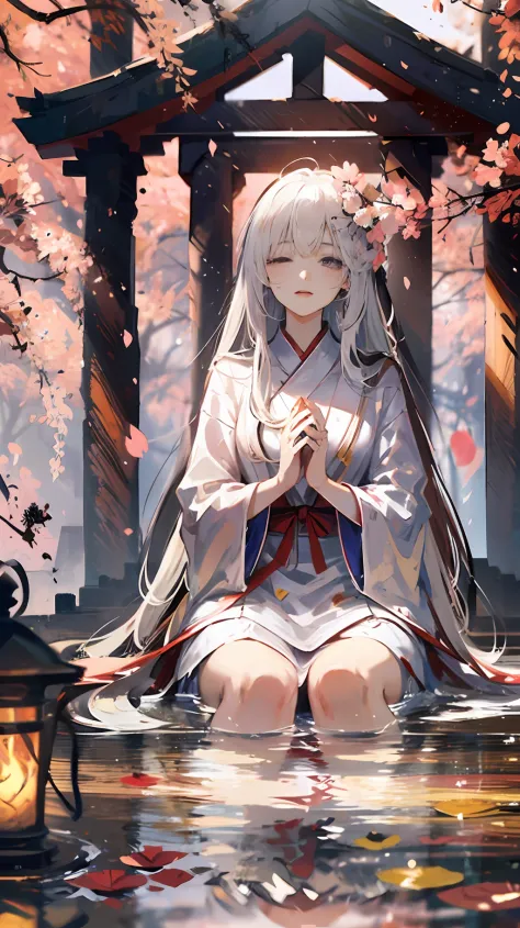 white-haired, teens girl, shrine, doa, cherry blossoms, graceful, serene, flowing white robe, spiritual connection, grace, rever...