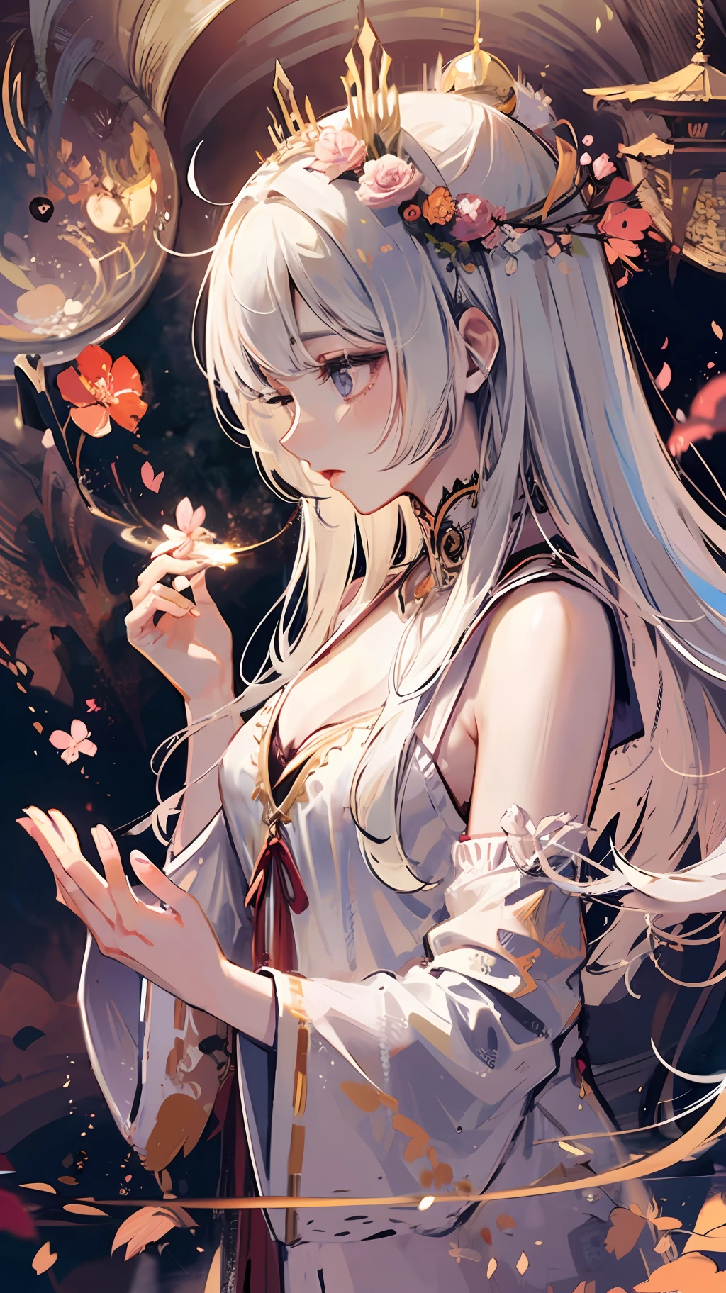 White-haired, teens girl, Shrine, DOA, Cherry blossoms, Graceful, serene, Flowing white robe, spiritual connection, Grace, reverence, sacred space, Incense, spiritual ambiance, cradling hands, Eyes closed, deep concentration, devotion, faith, Delicate, Drifting, breeze, Pink petals, Poetic, transient, transient, Beauty, Presence, Tranquility, spiritual connection, earthly realm, Divine, conduit, Humanity, divino, Enchanting, harmonious, Profound, reverence.