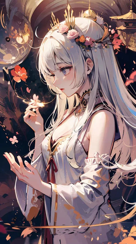 white-haired, teens girl, shrine, doa, cherry blossoms, graceful, serene, flowing white robe, spiritual connection, grace, rever...