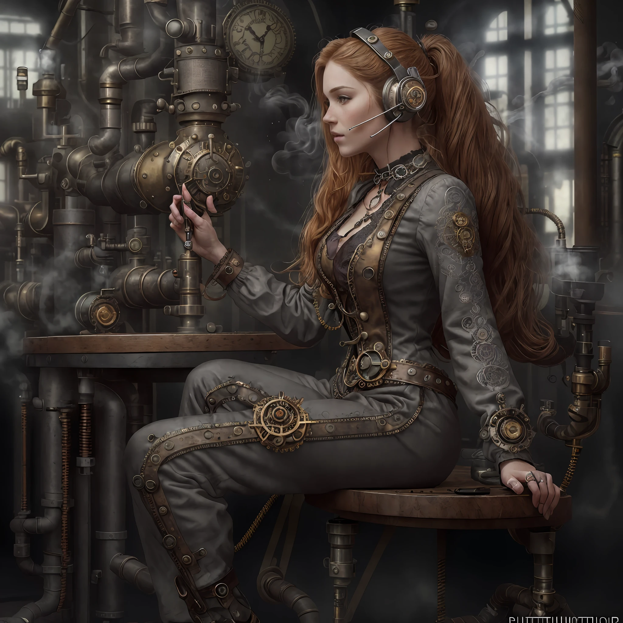 (photo, photorealistic:1.37), one girl, full body, sitting on a chair, shot from side, profile, slow motion, female steampunk engineer, (wearing a gray jumpsuit with steampunk details:1.2),(ornately decorated intercom headset:1.3), (ornately decorated choker), (insanely detailed steampunk, bloom:1.5), (detailed pupils:1.1), detailed face and green eyes, Masterpiece, best quality, (highly detailed photo:1.1), (long ginger Hair, ponytail,ecstatic:1.1), (young woman:1.1), sharp, (perfect body:1.1), realistic, real shadow, 3d, (steampunk workshop interior filled with lots of steam pipes background:1.2), photographed by Canan EOS R6, 135mm, 1/1250s, f/2.8, ISO 400