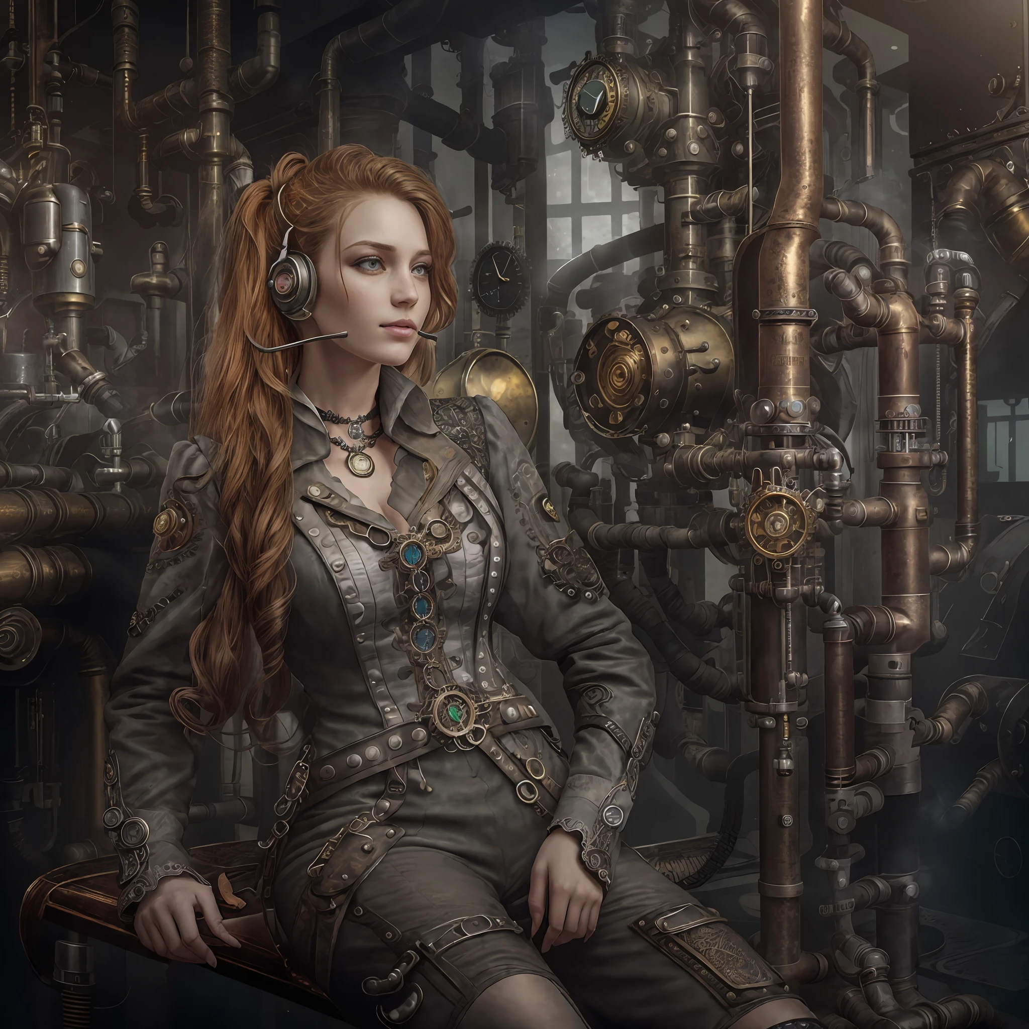 (photo, photorealistic:1.37), one girl, full body, sitting on a chair, shot from side, profile, slow motion, female steampunk engineer, (wearing a gray jumpsuit with steampunk details:1.2),(ornately decorated intercom headset:1.3), (ornately decorated choker), (insanely detailed steampunk, bloom:1.5), (detailed pupils:1.1), detailed face and green eyes, Masterpiece, best quality, (highly detailed photo:1.1), (long ginger Hair, ponytail,ecstatic:1.1), (young woman:1.1), sharp, (perfect body:1.1), realistic, real shadow, 3d, (steampunk workshop interior filled with lots of steam pipes background:1.2), photographed by Canan EOS R6, 135mm, 1/1250s, f/2.8, ISO 400