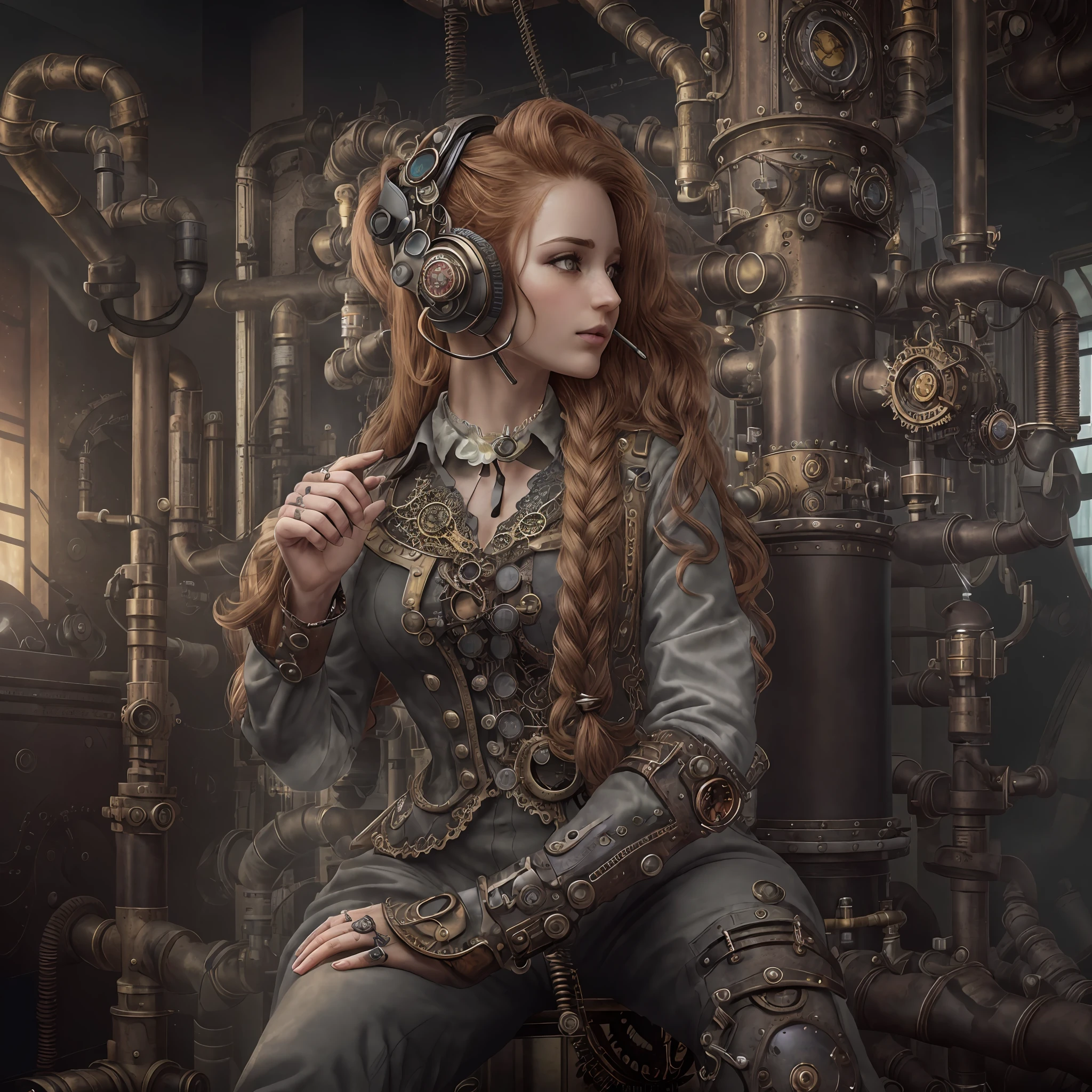 (photo, photorealistic:1.37), one girl, full body, sitting on a chair, shot from side, profile, slow motion, female steampunk engineer, (wearing a gray jumpsuit with steampunk details:1.2),(ornately decorated intercom headset:1.3), (ornately decorated choker), (insanely detailed steampunk, bloom:1.5), (detailed pupils:1.1), detailed face and green eyes, Masterpiece, best quality, (highly detailed photo:1.1), (long ginger Hair, ponytail,ecstatic:1.1), (young woman:1.1), sharp, (perfect body:1.1), realistic, real shadow, 3d, (steampunk workshop interior filled with lots of steam pipes background:1.2), photographed by Canan EOS R6, 135mm, 1/1250s, f/2.8, ISO 400