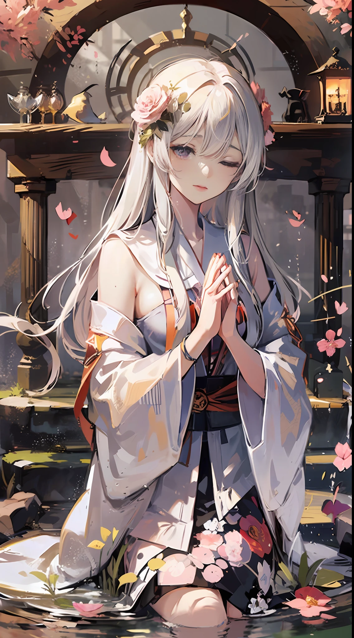 White-haired, teens girl, Shrine, DOA, Cherry blossoms, Graceful, serene, Flowing white robe, spiritual connection, Grace, reverence, sacred space, Incense, spiritual ambiance, cradling hands, Eyes closed, deep concentration, devotion, faith, Delicate, Drifting, breeze, Pink petals, Poetic, transient, transient, Beauty, Presence, Tranquility, spiritual connection, earthly realm, Divine, conduit, Humanity, divino, Enchanting, harmonious, Profound, reverence.