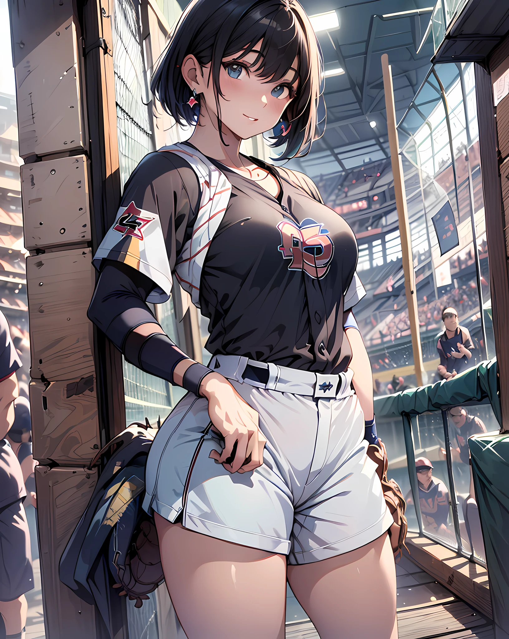 (masterpiece, best quality:1.37), highres, ultra-detailed, ultra-sharp, BREAK, Japanese school girl model, 1girl, (beautiful anime face, cute face, detailed face), (black hair, short hair, bangs), blue eyes, jewelry, earrings, piercing, BREAK, ((detailed baseball costume:1.5), (detailed baseball shirts:1.3 and shorts:1.3)), lovely look, detailed clothes), light smile, closed mouth, parted lips, pink lipstick, BREAK, standing, arms behind on hip, leaning forward, cowboy shot, detailed human hands, HDTV:1.2, ((detailed baseball stadium view background:1.3)), 8 life size, slender, anime style, anime style school girl, perfect anatomy, perfect proportion, inspiration from Kyoto animation and A-1 picture, late evening, excellent lighting, bright colors, clean lines, photorealistic