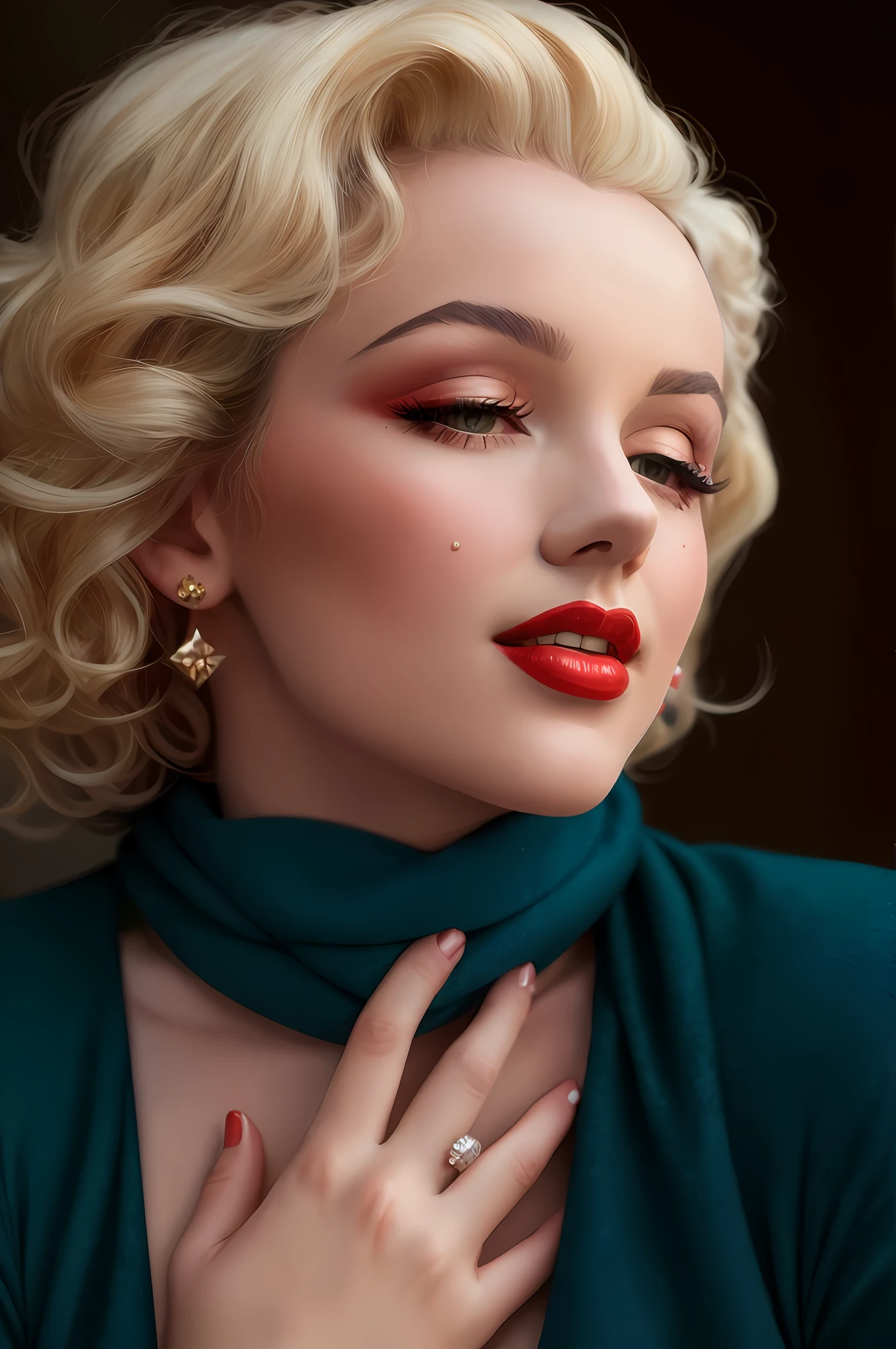 (best quality:1.33), (masterpiece:1.12), (detailed:1.15),( skin details), Dappled Light, rimm light, hair light, Marilyn Monroe with a Red scarf and a red lipstick, inspired by George Hurrell, inspired by Lili Árkayné Sztehló, vintage makeup, Marilyn Monroe,  taken in the early 2020s, face like marilyn monroe, high quality portrait, mid shot portrait, photo portrait, inspired by Marilyn Bendell