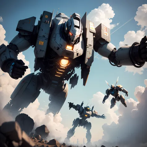 Giant black mech and a white mech punch in the air 1.2，cyber punk perssonage，Fly in the air，8K，the detail，Steel texture，Sense of oppression，Mechanicalweapon，Blue sky and white clouds of the sky，well-illuminated，Fight in the air，Heavy mech