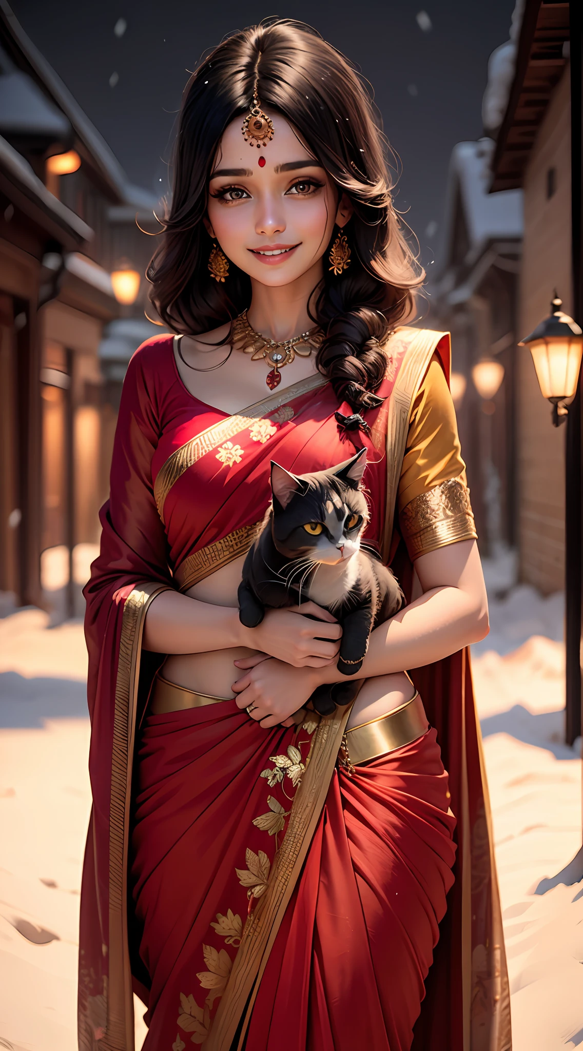 Schönes indisches Mädchen, schwarze Haare, roter Sari, Schneefall-Hintergrund, Lächeln, Gesicht, Mitternacht, ultrarealistisch, 8k mit Katze