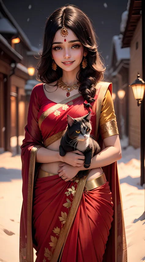 Beautiful indian girl black hair red saree snow fall background smile face midnight ultra realistic 8k with cat