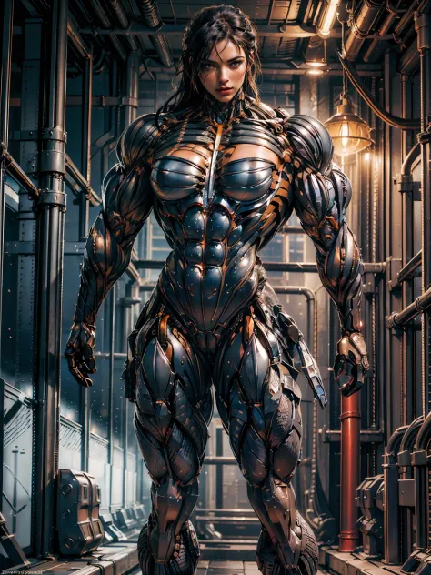 (borg queen:1.25), (muscular borg queen metallic filigree intricate cybernetic skin tight muscle suit:1.5),  (full body pose:1.5...