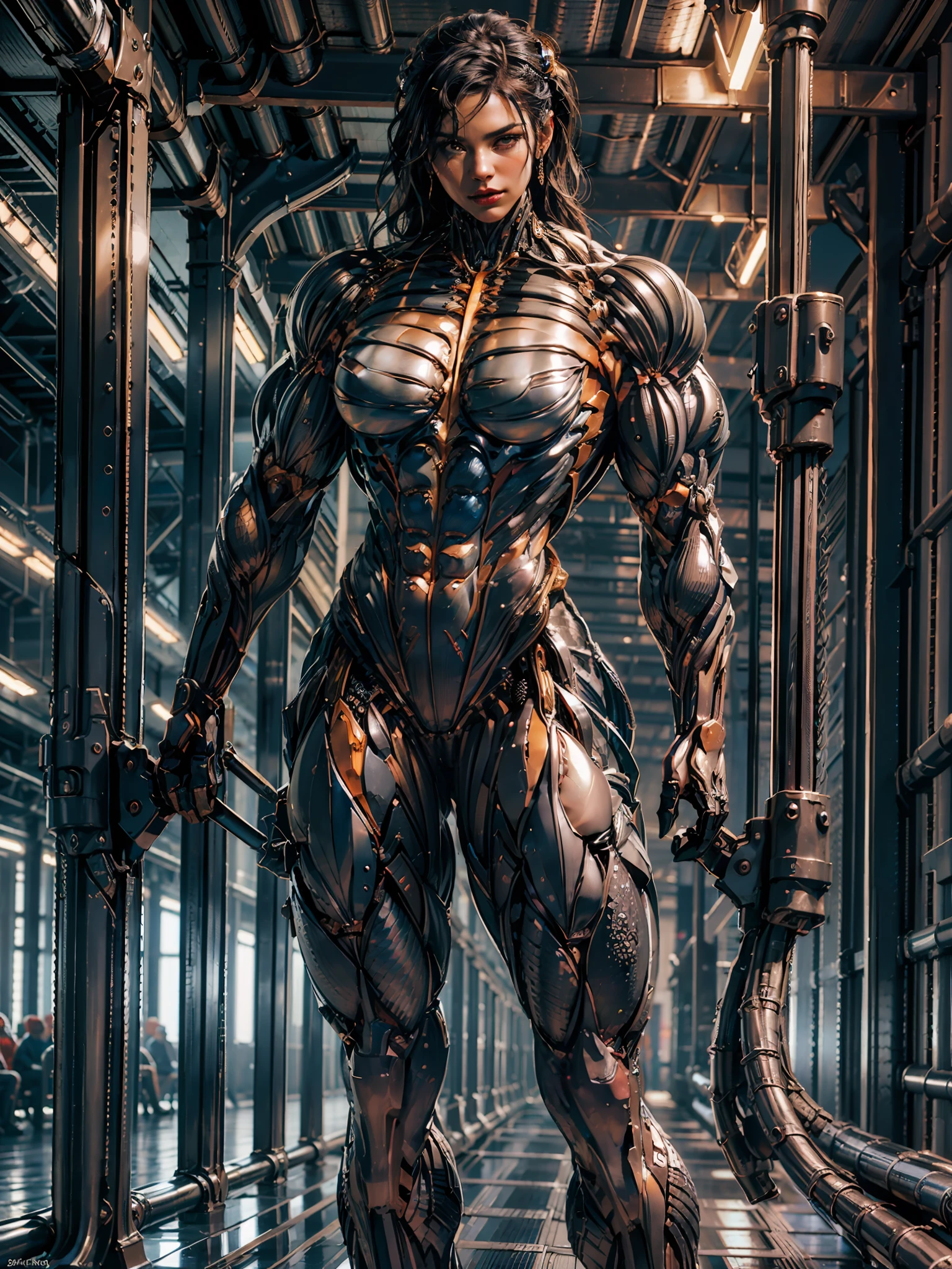 (borg queen:1.25), (muscular borg queen metallic filigree intricate cybernetic skin tight muscle suit:1.5),  (full body pose:1.5), white skin, white hair, (perfect anatomy:1.5), (huge muscular arms:1.5), perfect model face, beautiful gorgeous smile, (super muscular physique:1.5), (((narrow hips))), (cables everywhere:1.25), thin thighs, (larger upper body:1.5), (small pecs), muscular chest, small waist, (perfect fingers:1.2), (UHD 8k:1.5), solo female, realistic image, photo quality, beautiful girl, best quality, ultra-detailed, masterpiece, realistic skin texture, 85 mm art lens, f 1.2, sharp focus, 8 k high definition, insanely detailed, intricate,