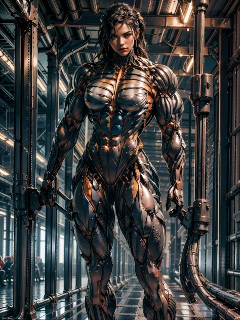 (borg queen:1.25), (muscular borg queen metallic filigree intricate cybernetic skin tight muscle suit:1.5),  (full body pose:1.5...