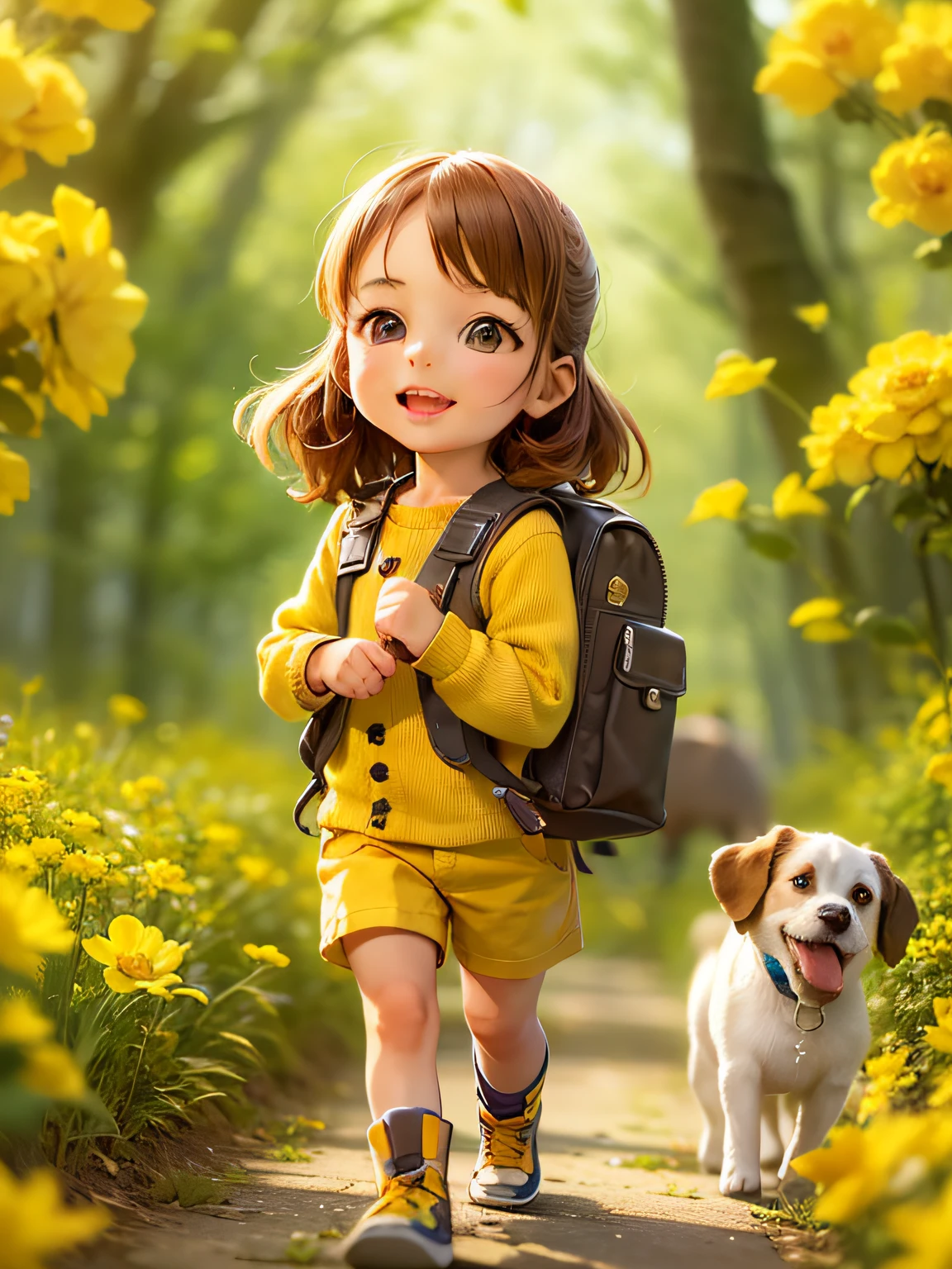 一个非常可爱的人背着背包，和她可爱的小狗一起享受美丽的春天散步，周围是美丽的黄色花朵和大自然. 该插画为4K高清插画，五官细节丰富，卡通风格.