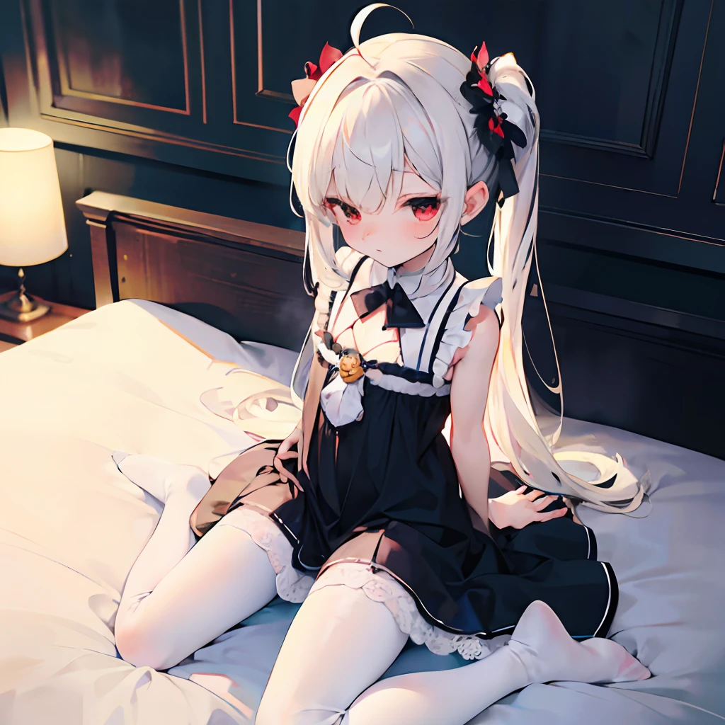 ahoge,bangs,Side_pony tails,White_Hair,Red_Eyes,reaching,Embarrassed,standing,Loli,flat_chest,slippers,shift dresses,rendering by octane,Meticulous painting,flowers meadows,angle of view,shoulder cutout,From above,full bodyesbian,Perspective,Overall view,,on top of the bed,Bedroom,A high resolution,art of light novel,art of light novel,Petite,lolita fashion,Petite,Babe,ahoge,Long hair,White hair,White_Hair,Red_Eyes,Kneeling&setting on floot,wariza,Slim legs,hand between legs,Blush,Beautiful detailed eyes,Sweet_Lolita,White pantyhose,White stockings,White_upper legs,no shoe,Collar,neck bowtie,Tiny_chest,Tiny_chest,One guy,One guy,Maid dress,dress,