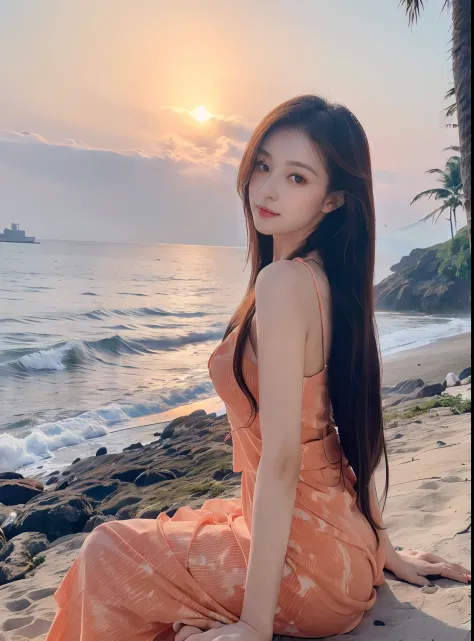 ，Masterpiece, Best quality，8K, 超高分辨率，(beautidful eyes:1.5)， ((Medium view，The upper part of the body:1.5))，By the sea in the evening，The sky slowly turned orange-red，The waves gently lapping against the shore。Goddess sitting on the beach，
