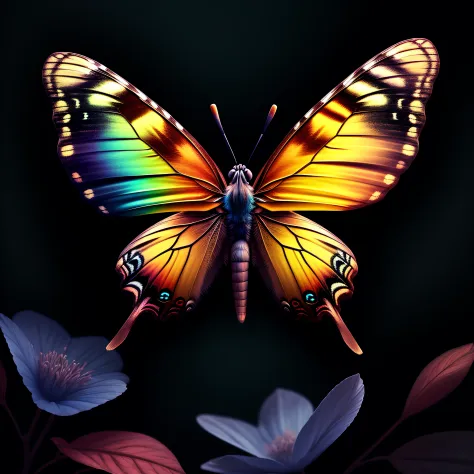 a butterfly, colorful,
yang08k, photography, beautiful,  black background,
masterpieces, top quality, best quality, official art, beautiful and aesthetic,  realistic,