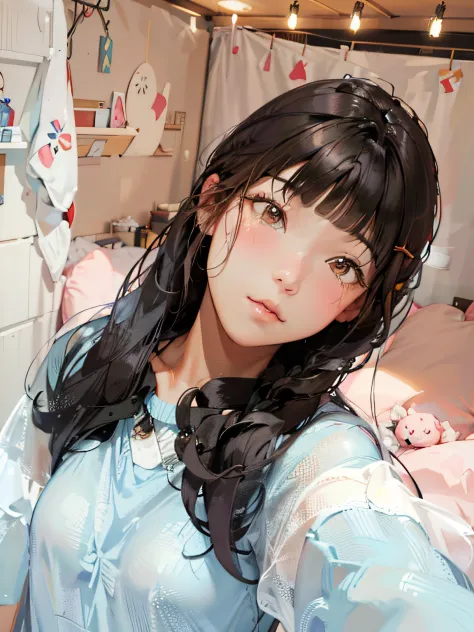 There was a woman taking a selfie in her bedroom, long whitr hair，Thick bangs, tidy hair，By bangs, Long hair with bangs, Brown hair long，By bangs, brown  hair，By bangs, young cute wan asian face, brown hair and bangs, Ruan cute vtuber, black hime cut hair,...