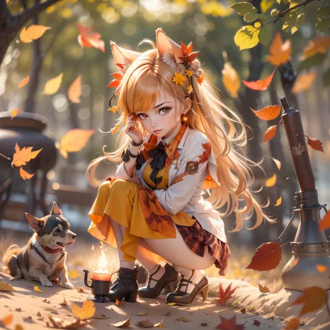 1girll, acorns, aki_shizuha, Anger_vein, Animal_hor ears, arm_Up, Autumn, Autumn_Leaves, bag, bangs, black_legwear, Blurry, Blur...