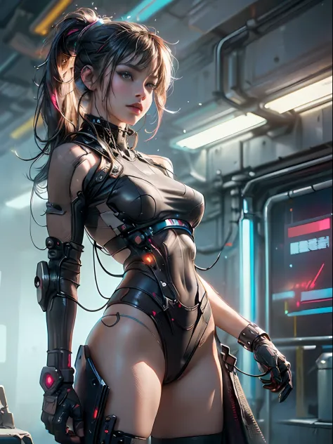 cyber punk Girl,(top-quality、8K、32K、​masterpiece、nffsw:1.3)、(The ultra -The high-definition)、(Photorealsitic:1.4)、Raw photography、The upper part of the body,Charming perfect figure,actionpose:1.2,Detailed cyberpunk fashion、World of Cyberpunk,depth of field...