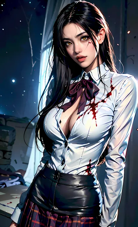 (beste-Qualit), (tmasterpiece), (Gloomy color scheme:1.5), ((Close-up of a girl in a school uniform with a short skirt)), 1girl in a short plaid skirt, androgynous vampire, junji ito 4 k, with long dark hair, ito junji art, style of junji ito, Dark Costume...