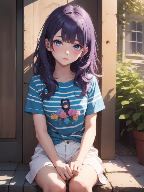 Top quality ultra-detailed CG art、Blue Light Shirt、striped tee、Purple hair、Oblivion colored eyes、夏天、sixteen years old、Infant bod...