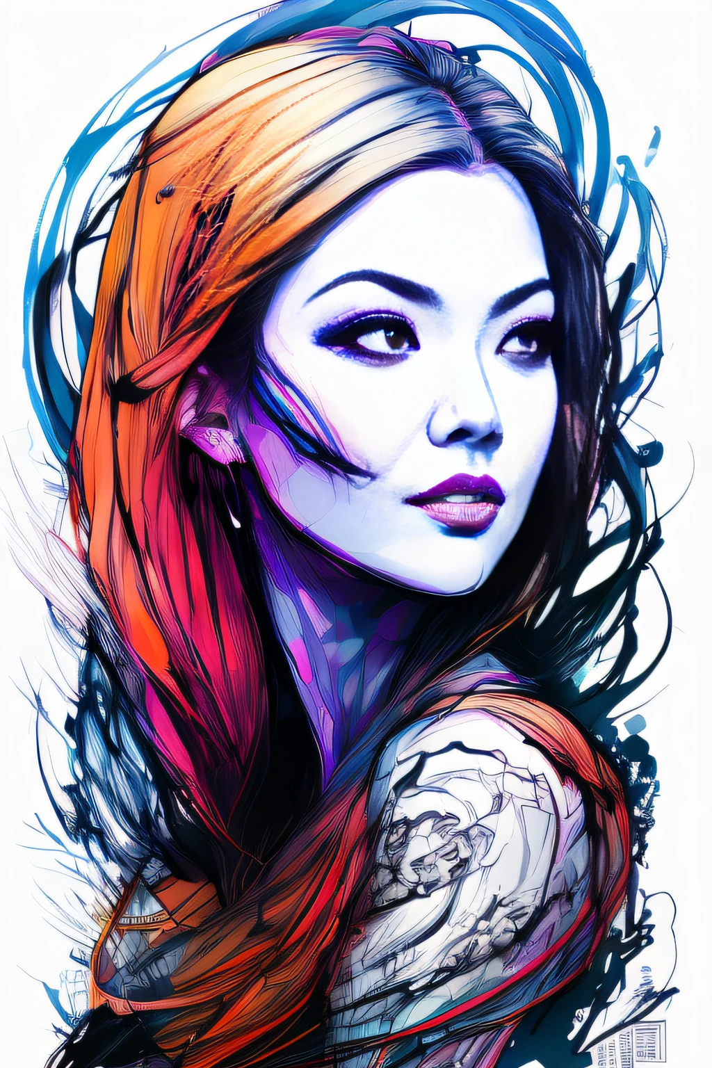 zoomed out Ink drawing of Vietnamese head lady, moden ao Dai, Peter Draws, digital illustration, comic style, Dong Son drum patterns background, black and white contrast. perfect anatomy, centered, dynamic, highly detailed, watercolor painting, artstation, concept art, smooth, sharp focus, illustration, art by Carne Griffiths and Wadim Kashin , indigo blue and red accent