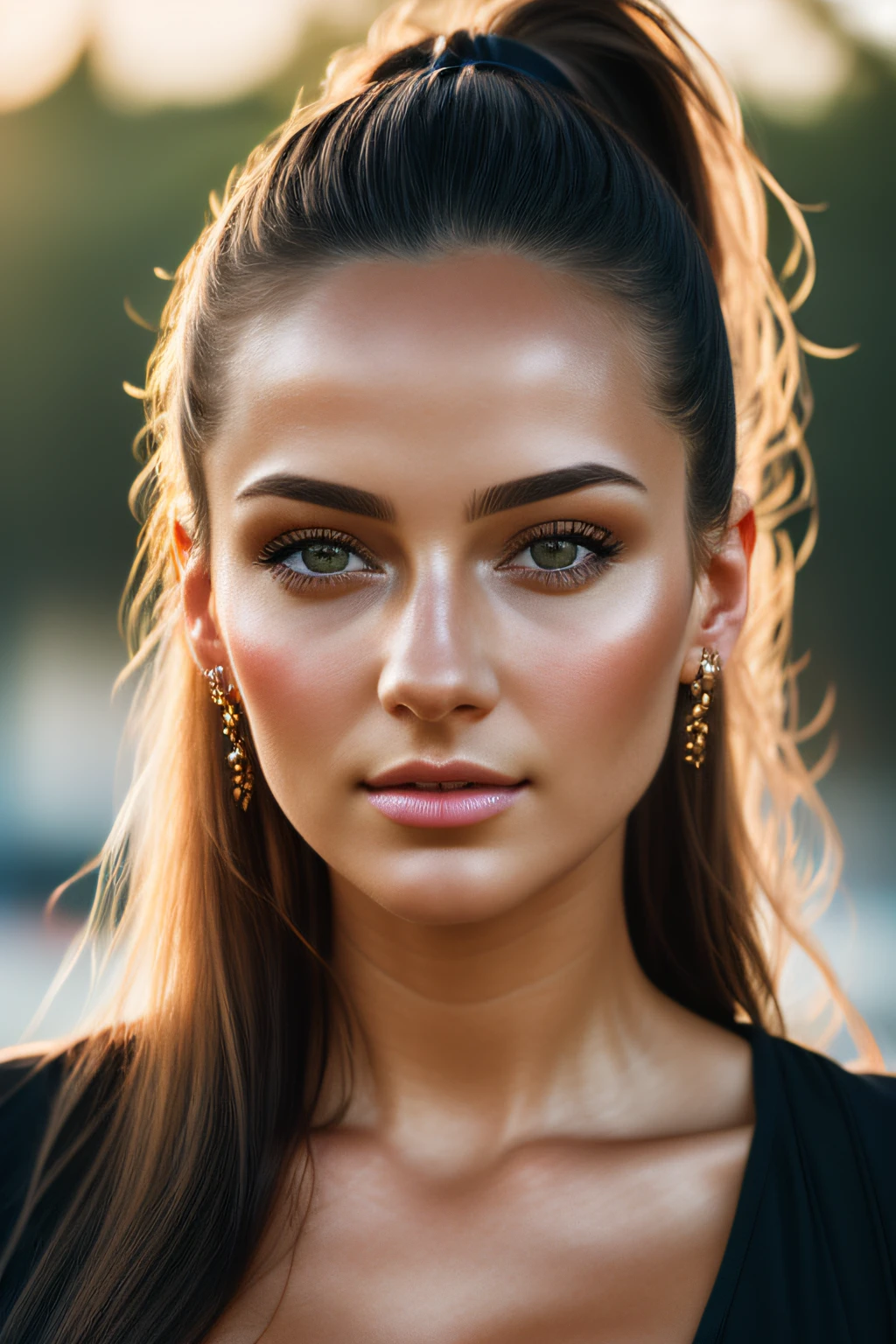 color photograph, close-up, ((a realistic photo of a beautiful girl)), (milalc), light, ((glowy skin)), looking_at_viewer, (fit body:1.0), ((medium breasts)), high ponytail, detailed illustration, masterpiece, high quality, realistic, very detailed face,