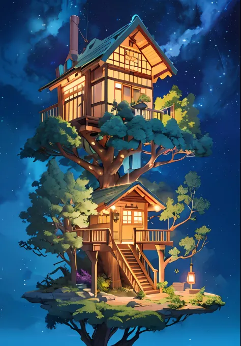 Realistic, Real life, Beautiful little tree house, Night, Stars in the sky, in style of laurie greasley, by Ghibli Studio, Akira Toriyama, James Gilead, Genshin Impact, trending pixiv fanbox, acrylic palette knife, 4K, Vibrant colors, devinert, trending on...