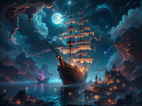 Painting of flying pirate ship surrounded by little fairies, meteor shower, clouds, full moon, stars in background, fantasy, hig...