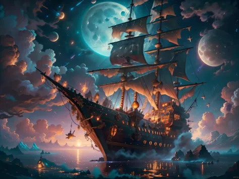 Painting of flying pirate ship surrounded by little fairies, meteor shower, clouds, full moon, stars in background, fantasy, hig...