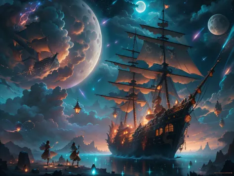 Painting of flying pirate ship surrounded by little fairies, meteor shower, clouds, full moon, stars in background, fantasy, hig...