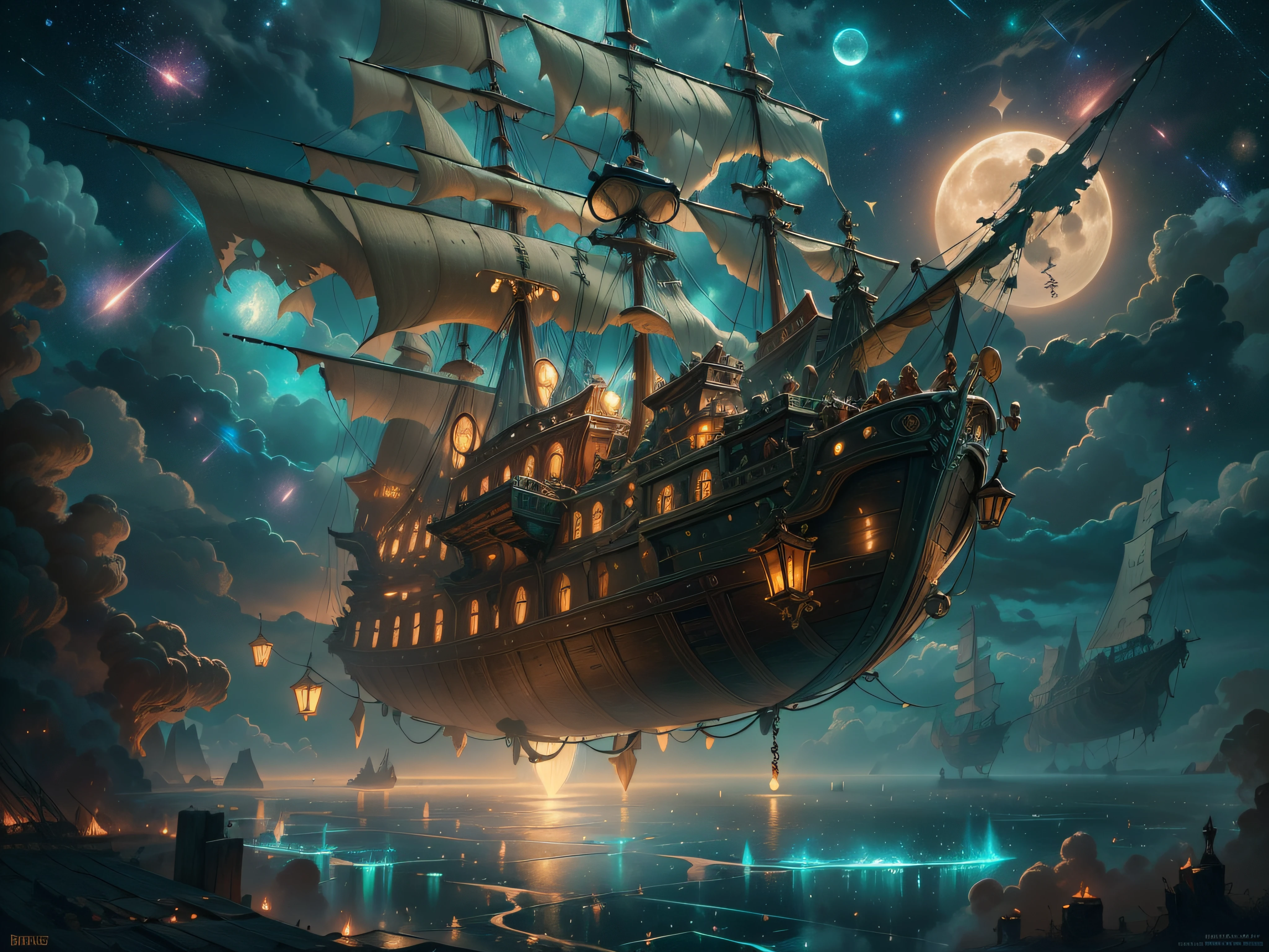 Peinture d&#39;un bateau pirate volant entouré de petites fées, pluie de météorites, des nuages, pleine lune, étoiles en arrière-plan, fantaisie, Art numérique très détaillé en 4K, Art détaillé de haute qualité en 8K, à la manière de Cyril Roland, detailed fantaisie digital art, epic fantaisie science fiction illustration, fond d&#39;écran incroyable, inspiré de Gaston Bussière --auto --s2