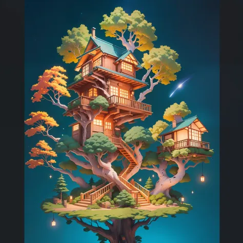 Realistic, Real life, Beautiful little tree house, Night, Stars in the sky, in style of laurie greasley, by Ghibli Studio, Akira Toriyama, James Gilead, Genshin Impact, trending pixiv fanbox, acrylic palette knife, 4K, Vibrant colors, devinert, trending on...