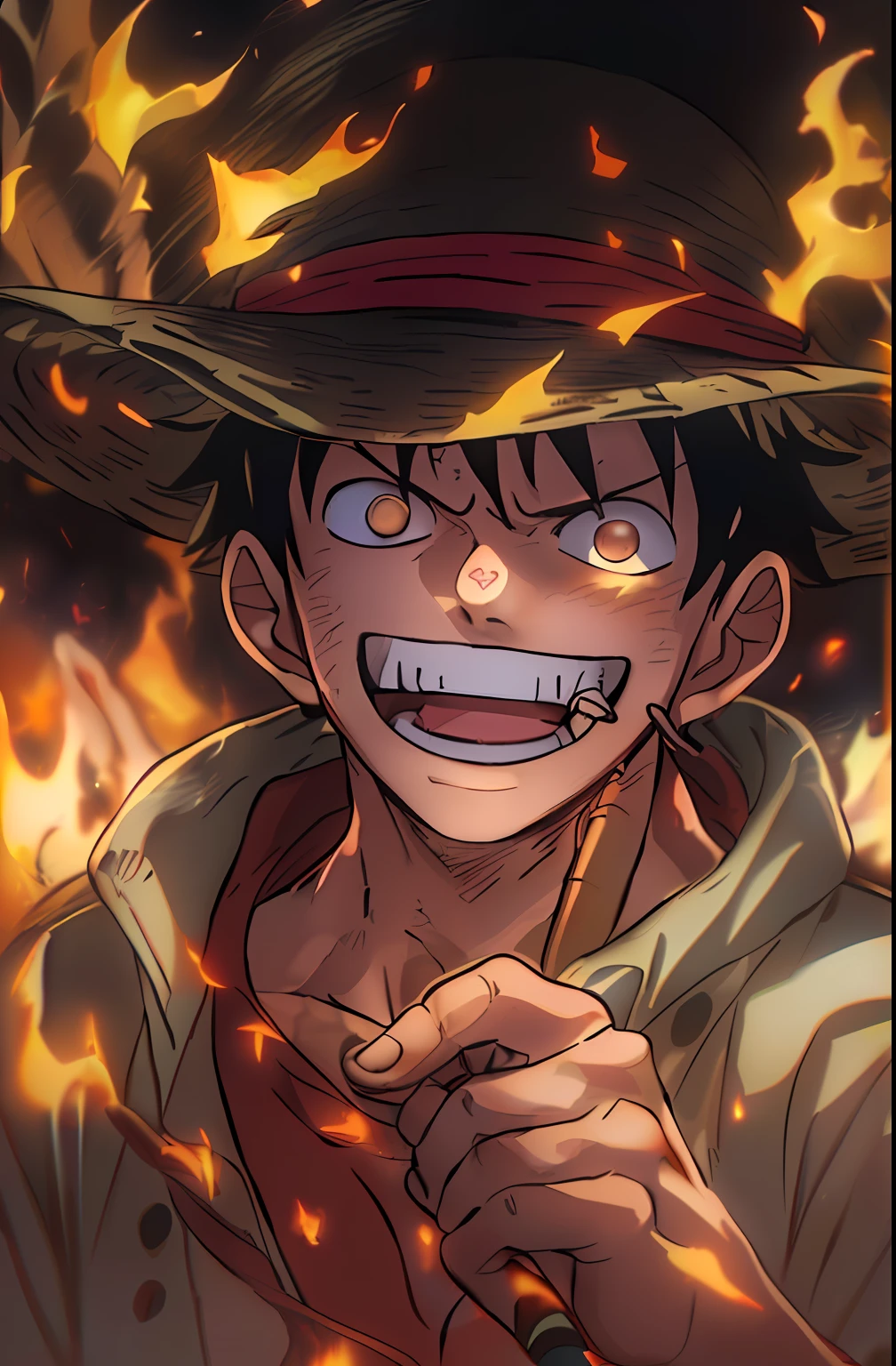 1 chico, wanoestilo, Monkey D Luffy, sonriente, sombrero de copa, mirando al espectador, solo, parte superior del cuerpo, ((Obra maestra)), (mejor calidad), (extremadamente detallado), profundidad de campo, bosquejo, Sombras oscuras intensivas, Calidad de enfoque nítida, iluminación suave y suave, HDR, vistoso, buena composicion, Había incendios por todas partes, spectacular, camisa cerrada, capturas de pantalla de anime, cicatrices debajo de los ojos, preparándose para luchar, Ojos negros con un cigarro