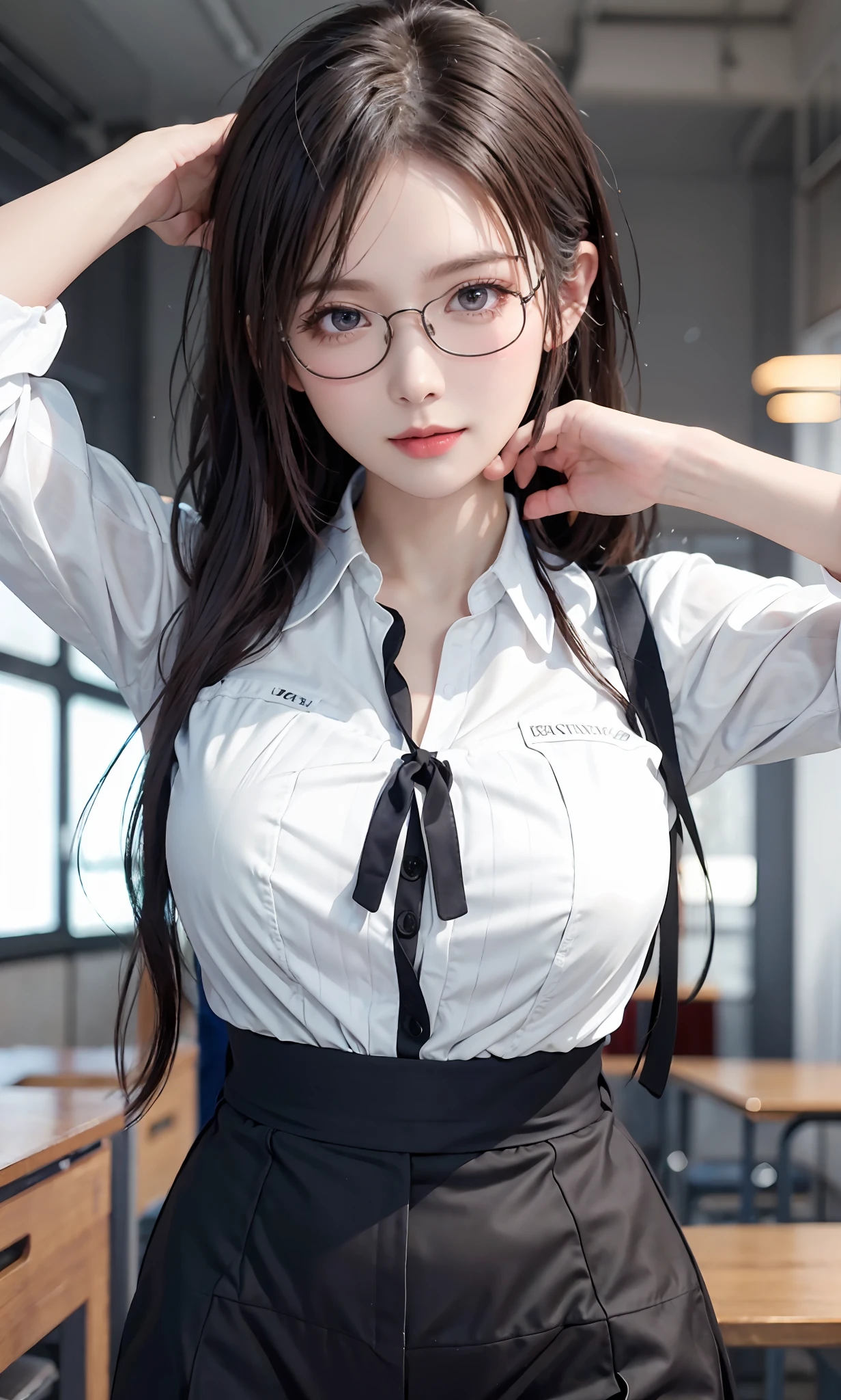 （RAW photos：1.2），high high quality，Beautiful Meticulous Girl，Highly detailed eyes and face，beatiful detailed eyes，hugefilesize，A high resolution，8k wallpapenely detailled，Highly detailed stock code uniform 8k wallpaper，light in face，light，16 year old girl，A sexy pose，（photo-realism：1.4），illustratio，Ultra-realistic realism，super detailing， tmasterpiece， Current School Classroom，At the podium，Wear classroom uniforms，wears glasses，Bigchest，low chest