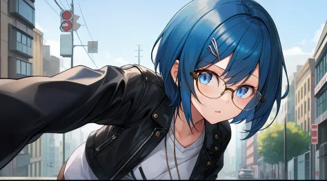 best quality, masterpiece, ultra hi res, (((1 girl))), short hair, ((blue hair)), sexy expression, glasses, hairpin, streetwear,...