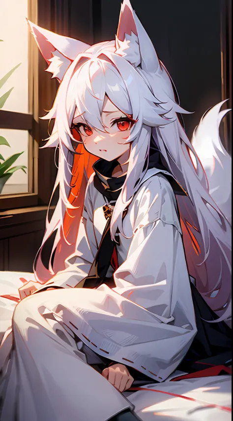 Anime girl with long white hair sitting on bed with cat ears, From Arknights, White-haired fox, onmyoji portrait, white-haired g...