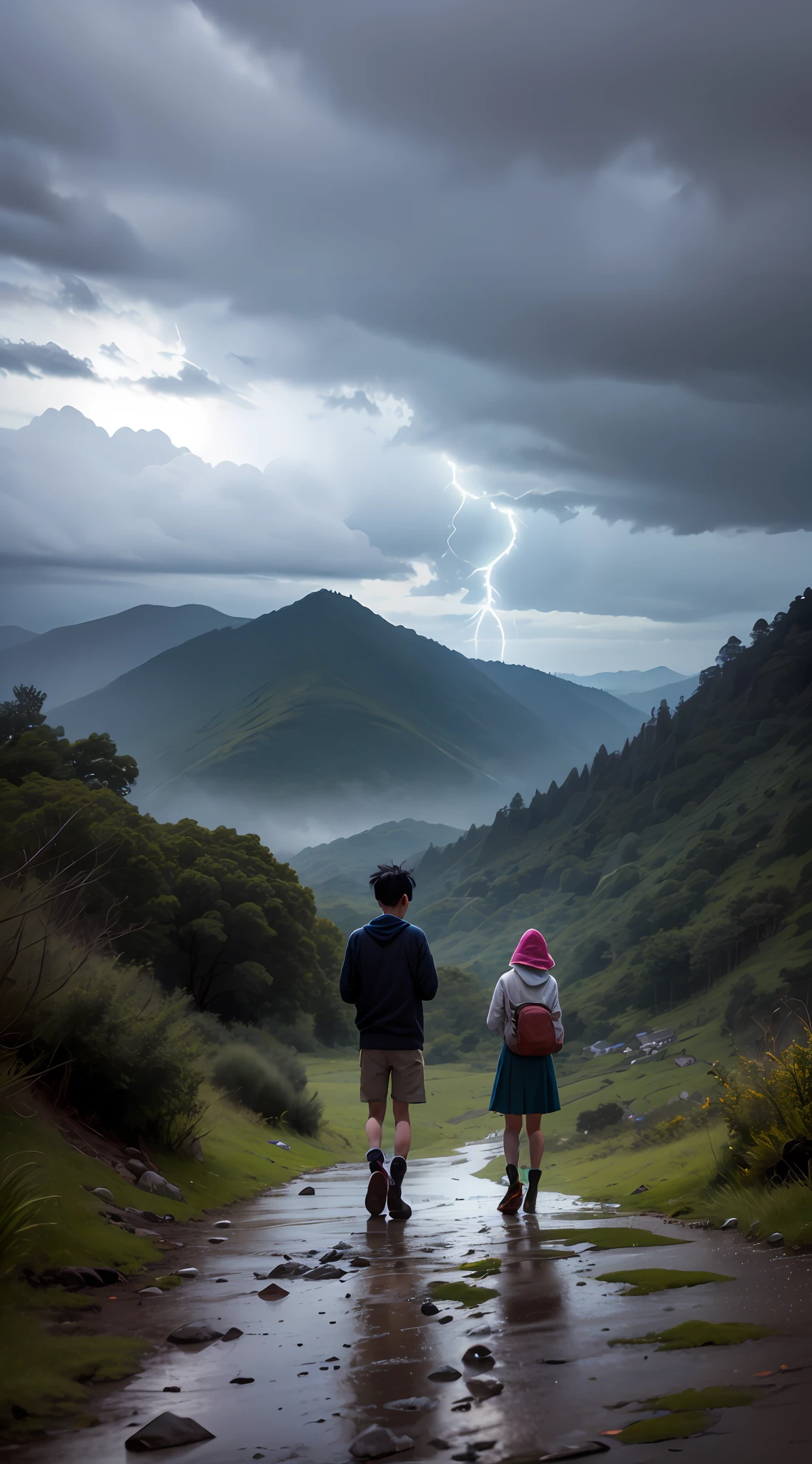 Ein armer Junge und ein reiches Mädchen sehen zusammen, wie sie von einer Bergstation fallen, Wetter, regnerischer, bewölkter Himmel, Donner, Blitz, 8k