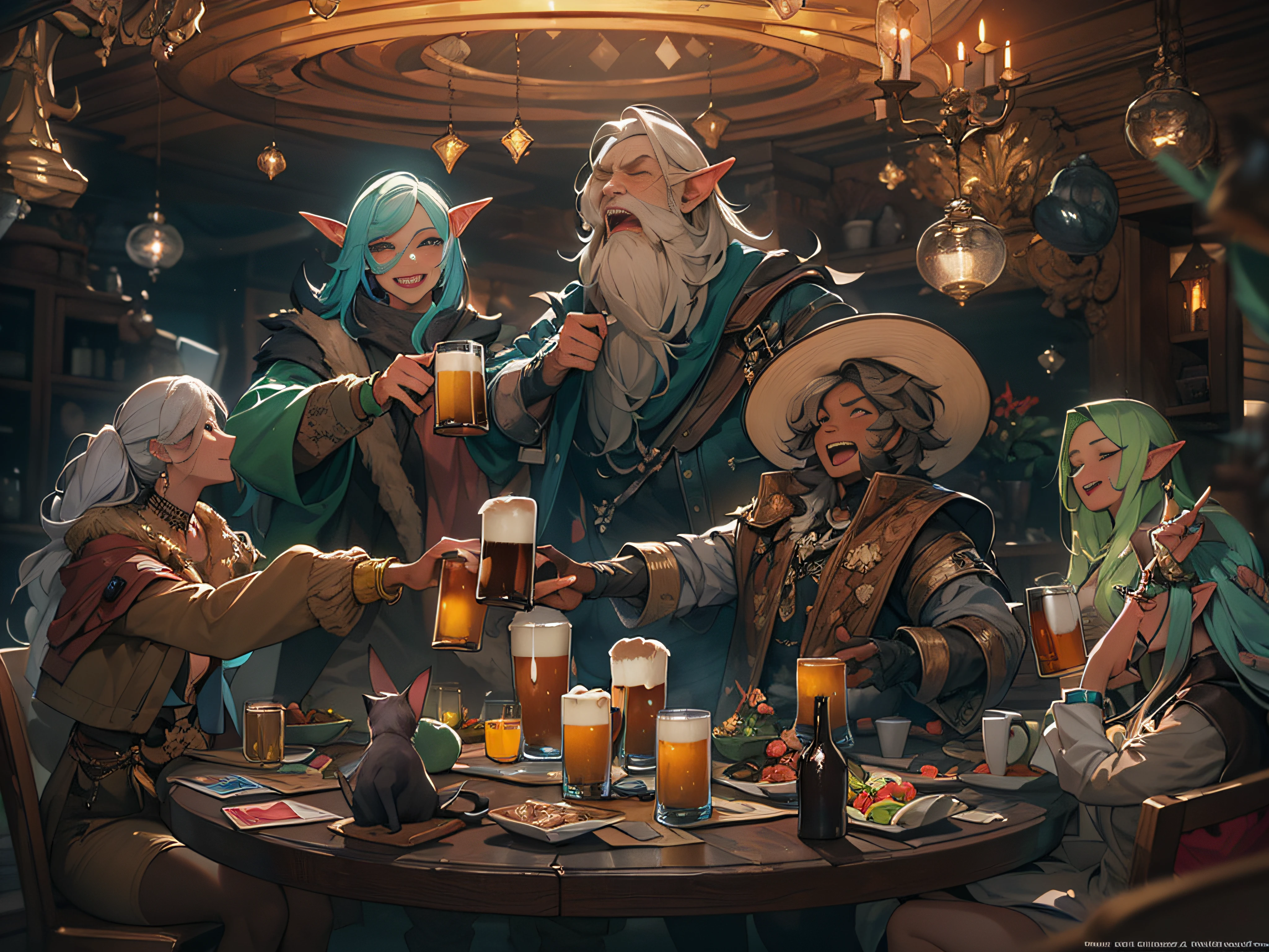 Masterpiece, top quality, otherworldly party, ((5 people of 5 different races sitting around a round table)), they are happy and smiling, beer on the table, (((5 people toast with beer mugs)))+++, ((5 people hold beer))++, break 5 people are mixed gender, blonde elf, short muscled dwarf, cowboy, dark haired cat girl and old wizard BREAK fantasy, otherworldly fantasy, deep fantasy, all smiling , happy atmosphere, break, detail, realistic, 4k highly detailed digital art, octane rendering, bioluminescence, break 8K resolution concept art, realism, mappa studio, official art, illustration, ligne clair, (cool_color), perfect composition, absurdity, fantasy, focus, rule of thirds