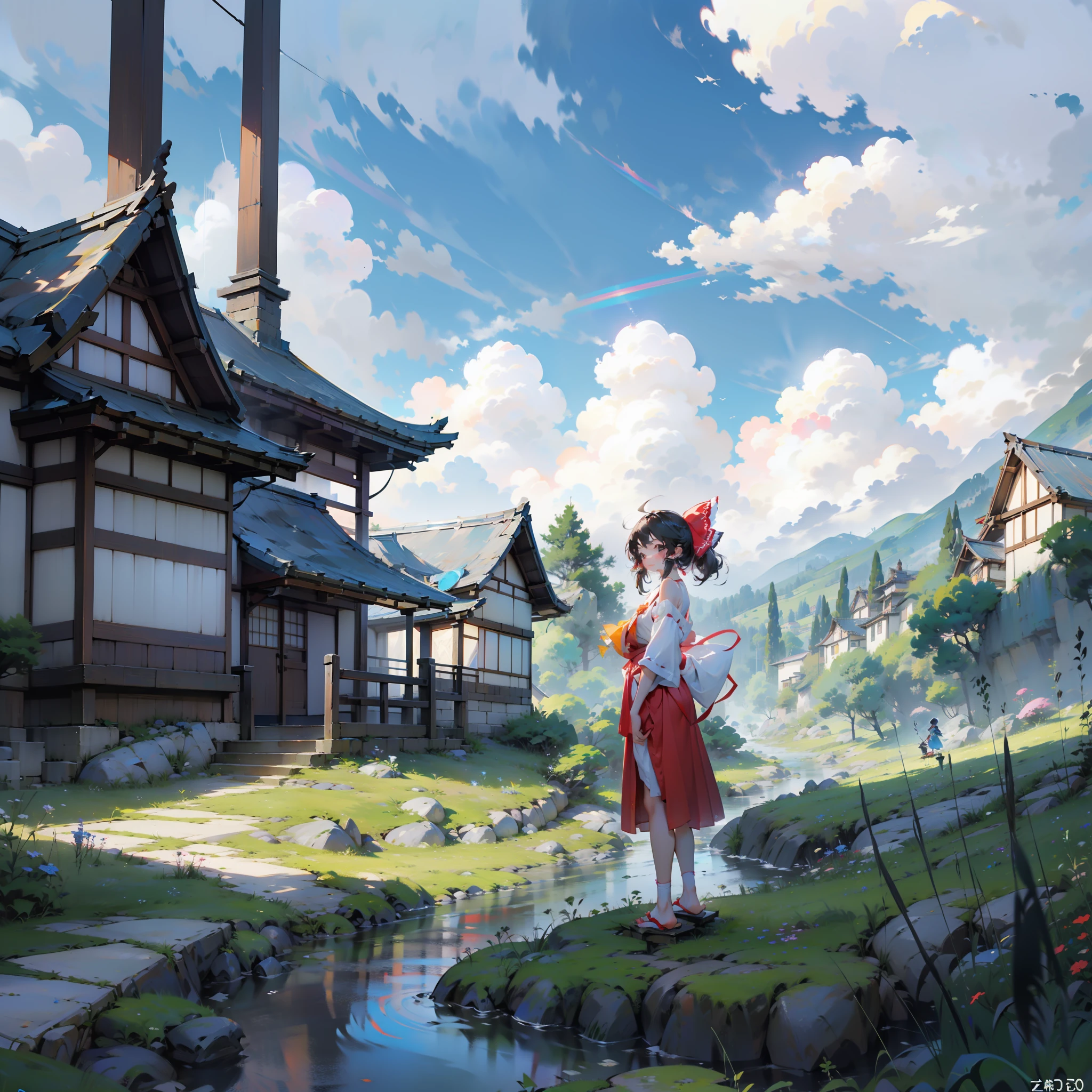 Whole body,A Japanese style、A Japanese style、1girl in、独奏、Borei Reimu、 Taoyuan Gap, Gensokyo, mountainscape, The River Between, Flowing river, Flying Effect, red bridge, zori, Clouds reflected on the surface of the water, Beautiful scenery, Dark blue sky, - S500 - Rainbow Something. 5