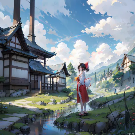 Whole body,A Japanese style、A Japanese style、1girl in、独奏、Borei Reimu、 Taoyuan Gap, Gensokyo, mountainscape, The River Between, F...