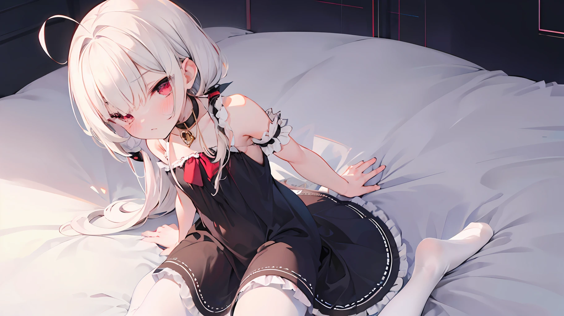 ahoge,bangs,Side_pony tails,White_Hair,Red_Eyes,reaching,Embarrassed,standing,Loli,flat_chest,slippers,shift dresses,rendering by octane,Meticulous painting,flowers meadows,angle of view,shoulder cutout,From above,full bodyesbian,Perspective,Overall view,,on top of the bed,Bedroom,A high resolution,art of light novel,art of light novel,Petite,lolita fashion,Petite,Babe,ahoge,Long hair,White hair,golden colored_Hair,Red_Eyes,Kneeling&setting on floot,wariza,Slim legs,hand between legs,Blush,Beautiful detailed eyes,Sweet_Lolita,White pantyhose,White stockings,White_upper legs,no shoe,Collar,neck bowtie,Tiny_chest,Tiny_chest,One guy,One guy,Maid dress,dress,