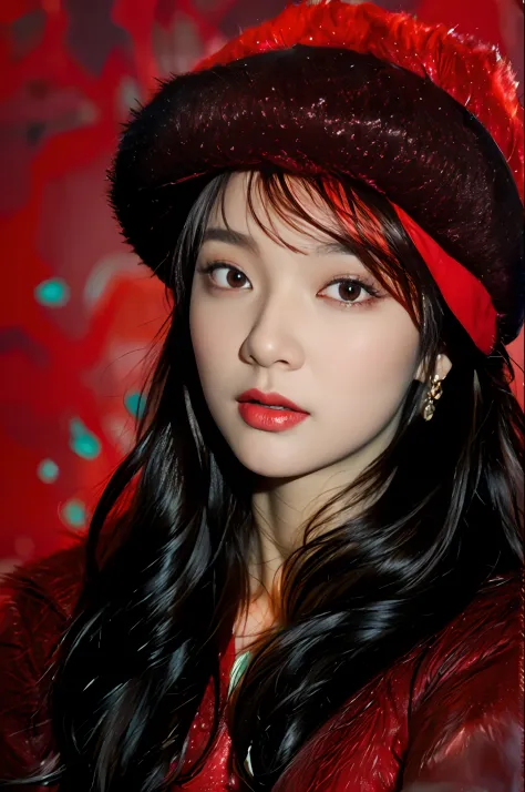 Masterpiece, Best quality, 1girll,Raised sexy， Red background, Black hair, Long curly hair, Face front, ((Red fashion silk solitary clothing，Red swirl pattern)), ((Red Plush Fur Hat)), Emotional face, (closeup portrait), make up, Studio light, Studio