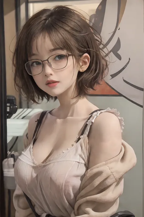 Women with short unisex hair！big breasts beautiful，Extremely cute，White！，brunette color hair，年轻，Very cute，eye glass!，slightly fa...